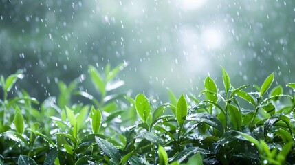 A soft blurred background sets the scene for a rainy day with small raindrops glistening on the vibrant green leaves in the foreground. In the distance a thick and hazy mist seems .