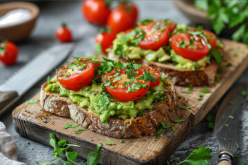 Avocado toast on whole grain bread, garnished with cherry tomatoes and herbs, served on a wooden board with a knife on the side.. AI generated.