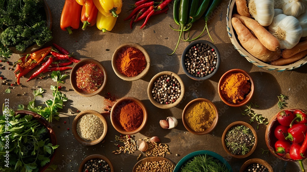 Poster a variety of fresh vegetables and aromatic spices are arranged on a rustic kitchen table, showcasing