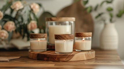 Artisan soy wax candles with wooden wicks in glass jars with wooden lids