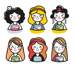 Six cartoon women enjoying diverse desserts, showing unique hairstyles happy expressions. Cute diverse characters eating sweets, featuring various ethnicities fashion styles. Animated female figures