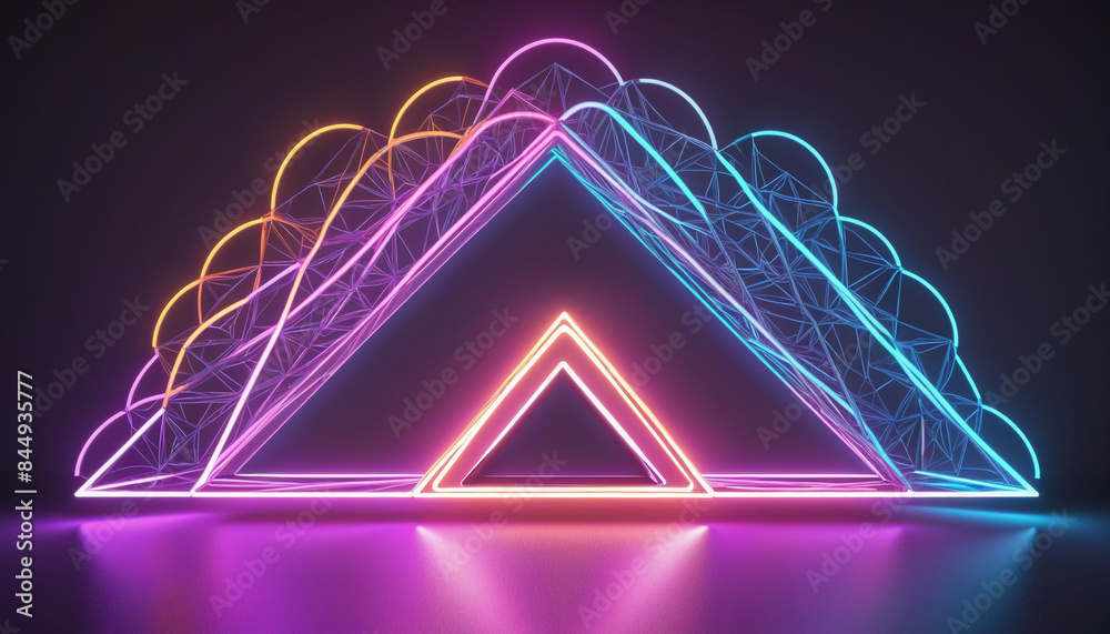 Wall mural 3d render of a neon triangular frame surrounded by an illuminated colorful cloud, creating a futuris