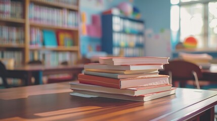 Blurred books and academic materials on desk in school setting