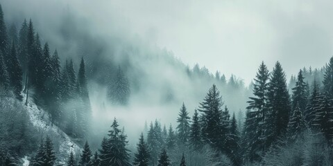 Amazing mystical rising fog forest snow snowy trees landscape snowscape in black forest (...