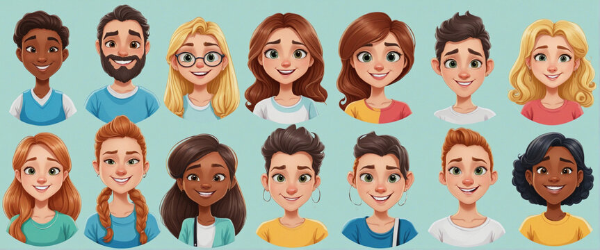 A vibrant collection of diverse cartoon character avatars with colorful backgrounds and emotive expressions, perfect for children's drawings and social media reactions