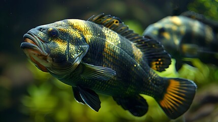Obraz premium Black and Yellow Fish Swimming Underwater in Natural Habitat