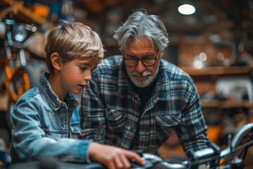 Obraz premium Heartwarming scene of an elder man teaching his grandson to fix a vintage bicycle in a workshop