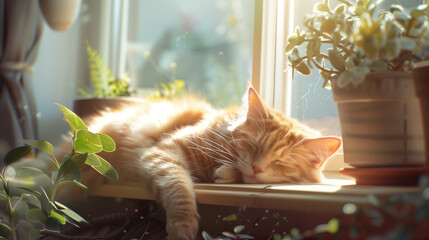 Cat joyfully jumping in a field of flowers