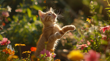 Cat joyfully jumping in a field of flowers