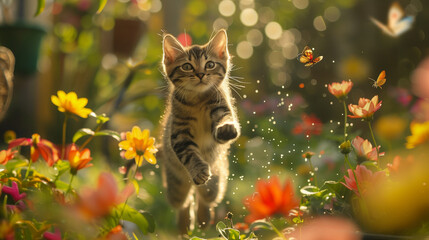 Cat joyfully jumping in a field of flowers
