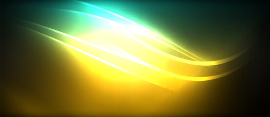 Neon glowing circle rays, light round lines in the dark, planet style neon wave lines. Energetic electric concept design for wallpaper, banner, background