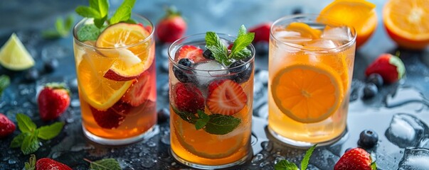 Refreshing summer cocktails with fruit garnish