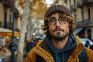 Fototapeta premium Thoughtful bearded man with glasses and a beanie walks through the city