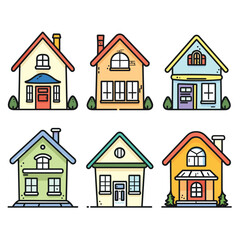 Six colorful cartoon houses line art styles varied designs. Suburban homes vector illustrations set featuring different shapes, colors, windows, roofs. Bright residential houses cute detailed