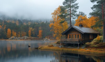 Fototapeta premium Rustic wooden cabin by a lake