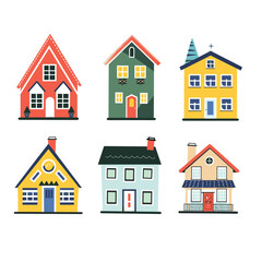 Five different colorful cartoonstyle houses isolated white background. Simple residential structures cute home designs various roofs windows doors. Cozy neighborhood concept collection quaint homes