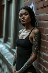 Fototapeta premium Awoman with tattoos on her arms stands in front of a brick wall. She is wearing a black tank top and black shorts. The image has a moody and edgy feel to it, with the woman's tattoos