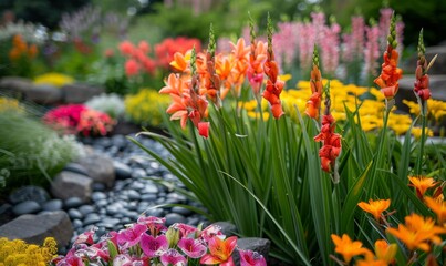 Fototapeta premium Scenic garden with blooming lilies
