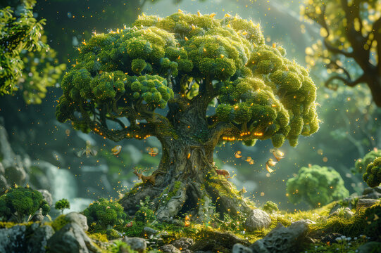 A whimsical illustration of a broccoli tree in a fantasy landscape, surrounded by tiny creatures and magical elements.. AI generated.