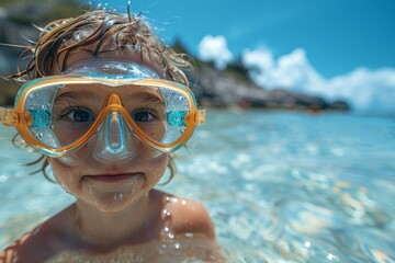 A wet-haired boy sports a snorkeling mask, immersed in the crystal-clear blue sea