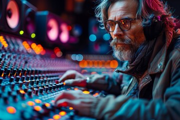 Inside a music studio, a professional adjusts levels on an audio mixer with glowing buttons and sliders in use
