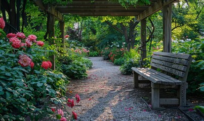 Obraz premium Shaded garden with a blooming rose bush