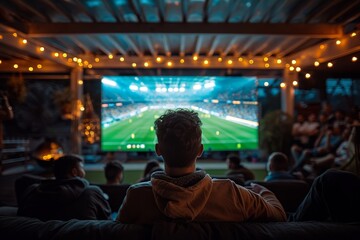 A group of viewers are engaged in watching a live sports event on a large screen in a cozy outdoor setting