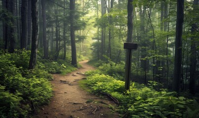Shady forest path with tall trees