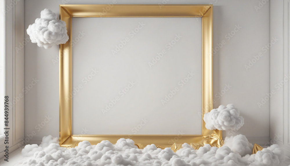 Sticker a surreal three-dimensional illustration of a celestial cloudscape with a golden square frame, perfe