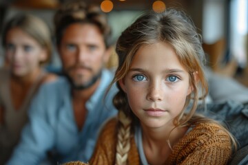 Fototapeta premium An in-focus young girl with intense look, with her family slightly out of focus behind her