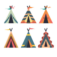 Six colorful teepees arranged two rows, featuring unique geometric patterns color schemes. Flat design style Native American tents used portable dwellings. Teepee icons suitable educational © Vectorvstocker