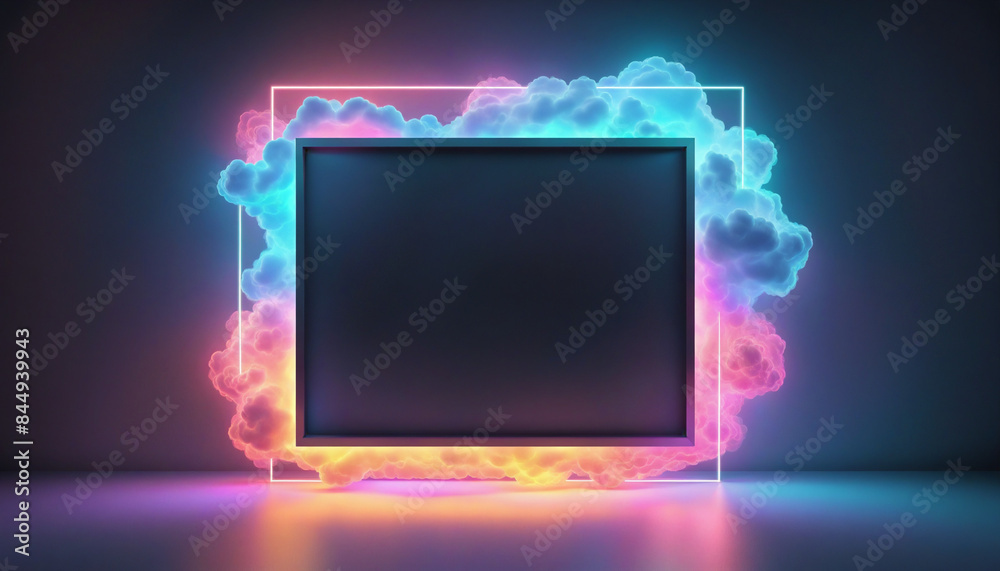 Canvas Prints 3d neon geometric clouds and squares illuminate the dark room, creating a futuristic and minimalist 