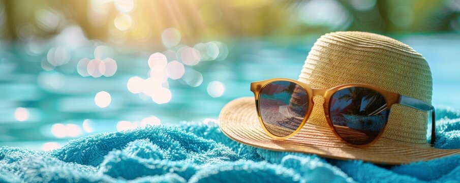 Sunglasses and sun hat on a beach towel