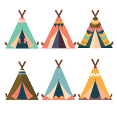 Collection six colorful teepees featuring unique designs, patterns, color combinations flat design style. Native American teepees arranged neatly against plain background ease use various designs © Vectorvstocker