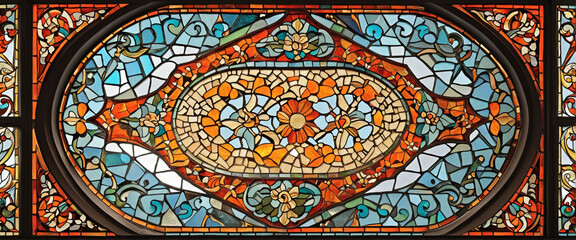 Vertical stained-glass window with a vibrant mosaic pattern in red and orange hues, illuminating a classic Arabian bazaar