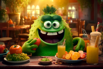 Breakfast. Cute cartoon monster sitting in cafe at table with vegetarian food. illustration for puzzle, kids menu, cafe, Restaurant.