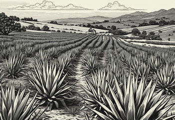 AI-generated woodcut design of a Mexican agave field, where farmers cultivate and harvest the plant to produce tequila, capturing the vintage essence of the industry in a poster or menu illustration