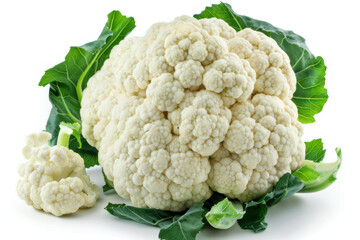 A close-up of a whole cauliflower with its vibrant white florets and green leaves, isolated on a plain white background.. AI generated.