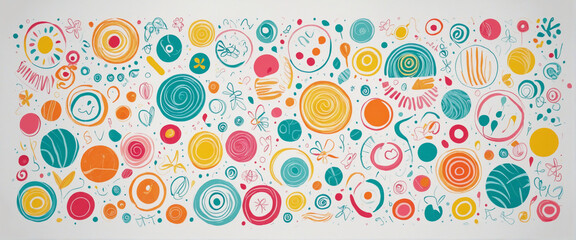 Colorful 90s-inspired transparent abstract doodle shapes for a cheerful children's party celebration