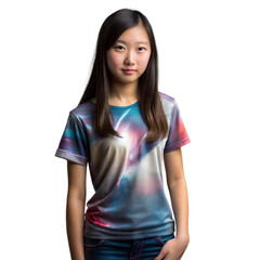 Fototapeta premium Young girl with long hair in colorful shirt on transparent background