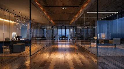 Modern Office Interior with Glass Partitions and Wooden Floor