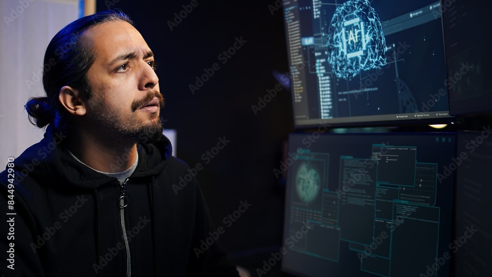 Poster hacker using ai machine learning to find unpatched connections and steal data. close up shot of scam