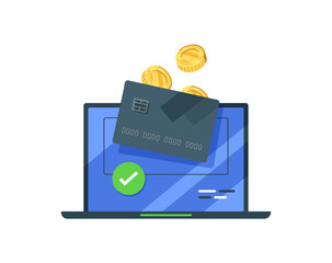 Gold coin falls on credit card,laptop with credit card flat vector illustration isolated on white background,online bank operation concept