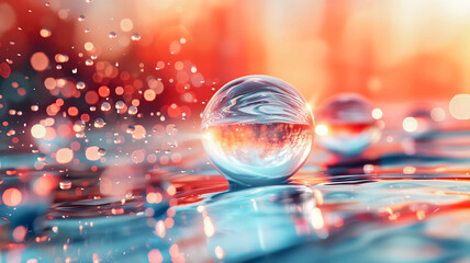 Aesthetic background, crystal sphere isolated on red bokeh background, template, copy space area, artistic wallpaper