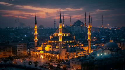 Obraz premium Illuminated minarets rise at famous Blue Mosque, AI Generative.