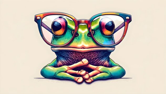Cartoon colorful frog with sunglasses. Illustration of a smart frog with glasses, ideal for graphics and emotions of intelligence and modernity. Generative AI