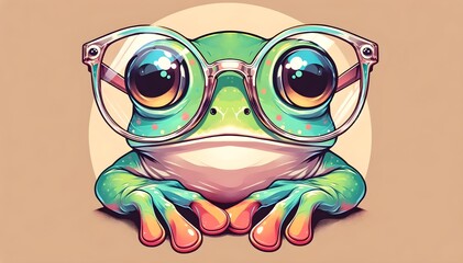 Cartoon colorful frog with sunglasses. Illustration of a smart frog with glasses, ideal for graphics and emotions of intelligence and modernity. Generative AI