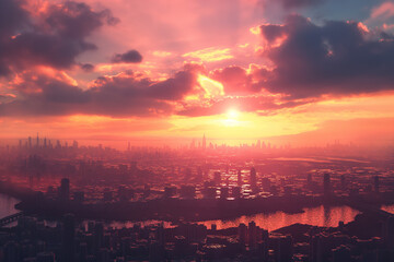 Fototapeta premium A dramatic sunset sky casts warm light over a vast cityscape with skyscrapers and bridges
