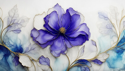 Naklejka premium Abstrakcyjny niebieski kwiat .Dekoracyjne tło kwiatowe, tapeta, wzór kwiatowy . Tusz alkoholowy, akwarela