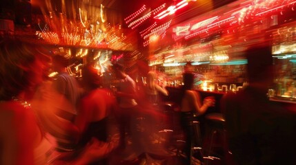 The defocused background captures the fiery frenzy of the nightclub with a cacophony of red and warm hues creating an intense ambiance. Blurry images of the bustling bar and swaying .